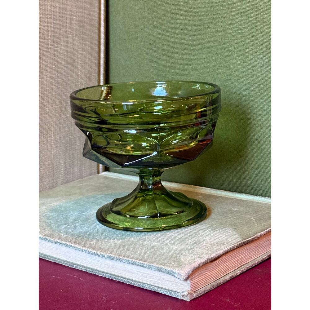 Avocado Green Sherbet Dish • Mid‑Century Glass • 3.25”